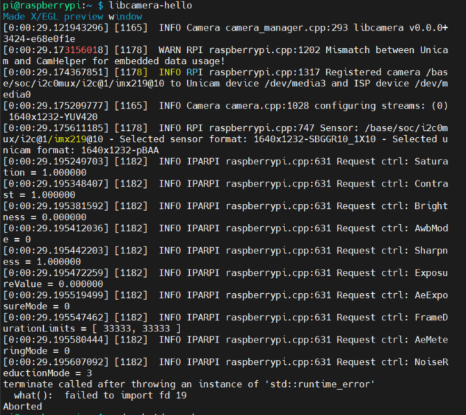 libcamera-hello error